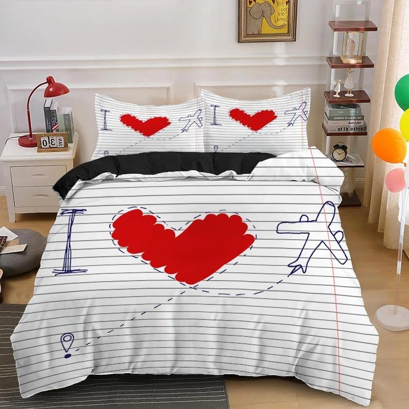 Zestaw Poszwy na Kołdrę dla Zakochanej Pary Prezent na Walentynki Pościel w Kształcie Serca King Queen Double 2/3 szt. Poliestrowa Poszwa na Kołdrę