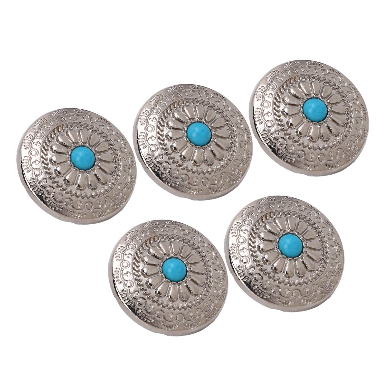 

5 комплектов пуговиц на винтах, серебряные цветы, бирюзовые, 30 мм, круглые кончо с винтами 4,5 мм для изделий из кожи