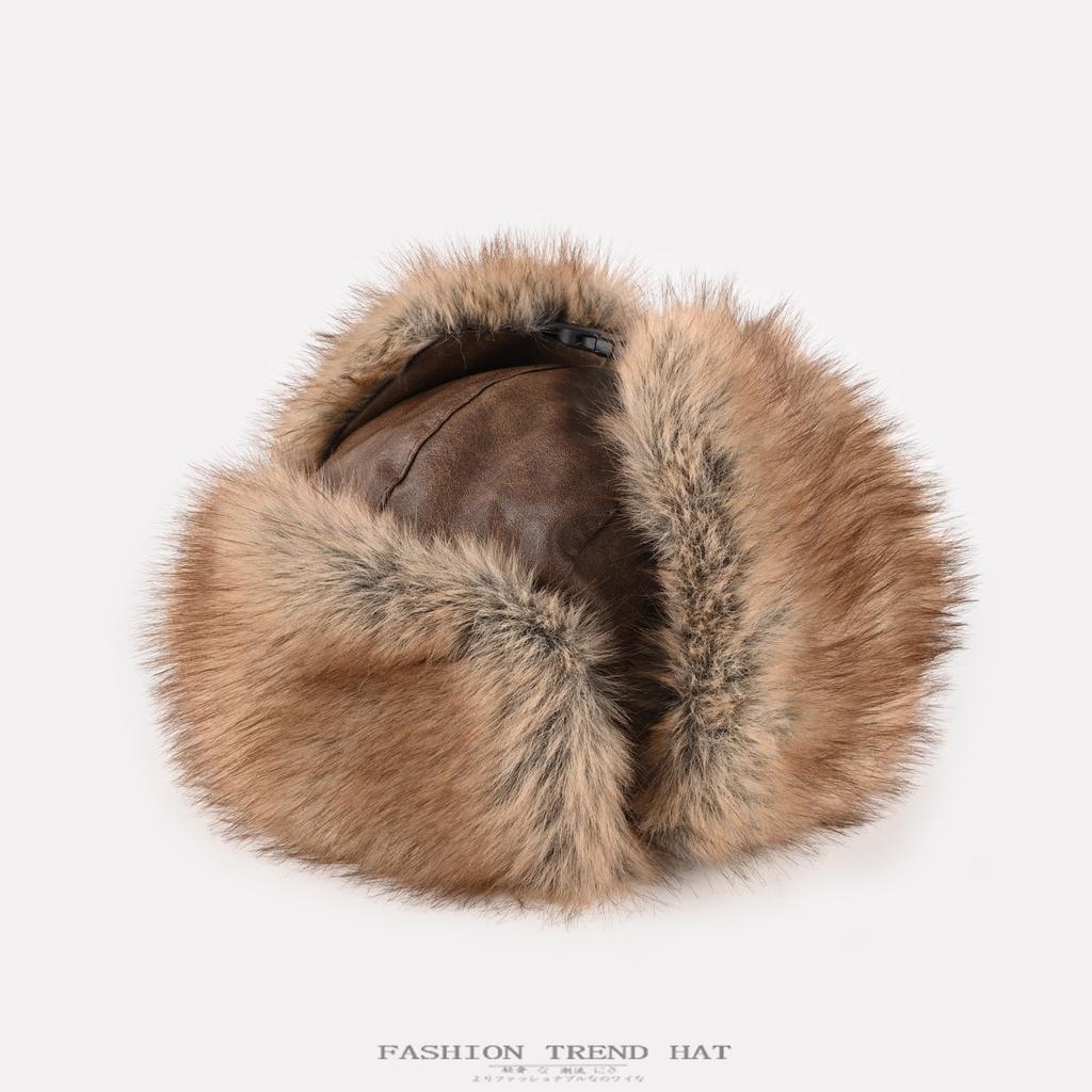 Retro Leather Hat Men's Winter Velvet Thickened Outdoor Ear Protection Hat Imitation Mink Plush Cold-proof Hat Women