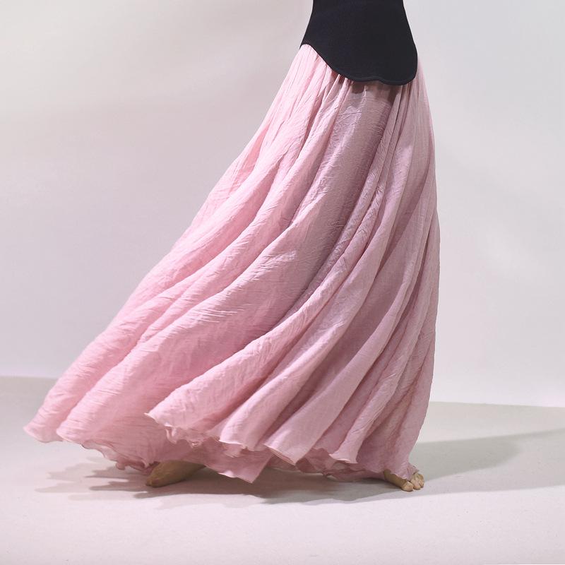 Mori Girl Cotton Linen A-Line Skirt: Elastic Waist, Long Solid Color, National Style Swing