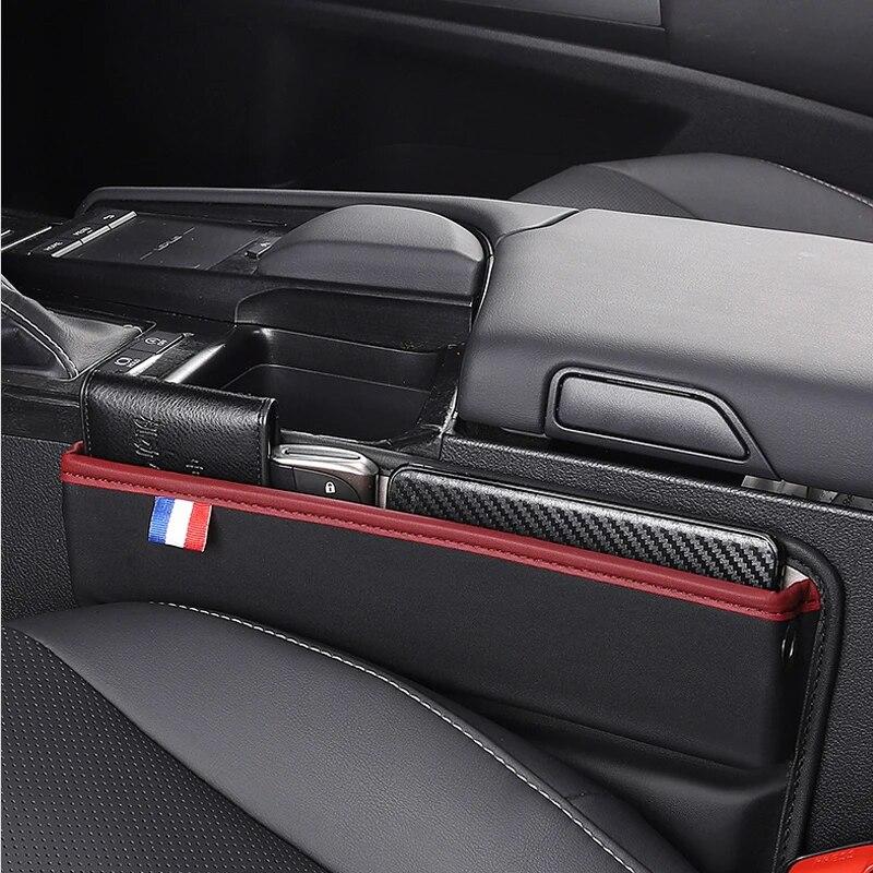 Organizador de espaço para assento de carro em couro PU Bolsa lateral para assento dianteiro de carro para chaves de celular Óculos Reservado Furo para cabo de carregamento Suporte para telefone