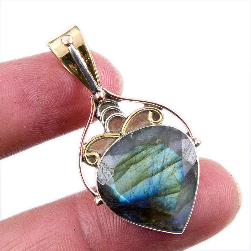 

Natural Labradorite Gemstone 925 Solid Sterling Silver TwoTone Pendant 1.5 N1F57