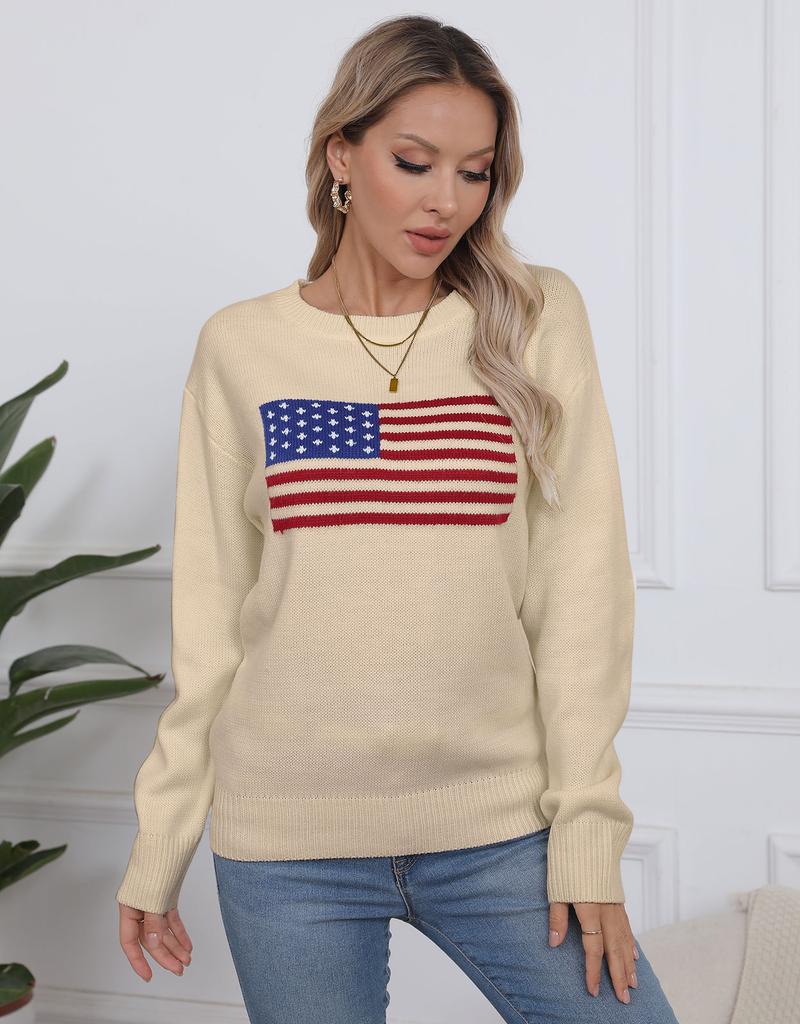 Autumn and Winter New Temu Hot Sale Crew Neck National Flag European and American Easter Independence Day Fashion Sweater Women