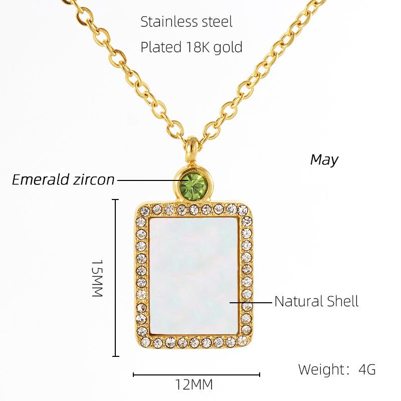 18K Titanium Steel Birthstone Pendant Necklace with Square Shell Design for Women