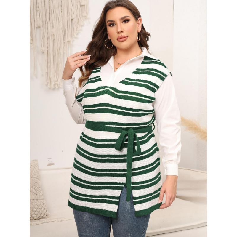 

Женский жилет большого размера Женская одежда Полосатый Колорблок Пэчворк Повседневный Жилет с поясом на завязках Жилет средней длины 3XL зелёный