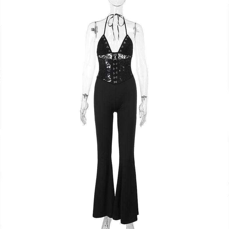 

Outfitgirl6 Fashion Deep V Halterneck Sexy Lace Silm Jumpsuit Sexy Street Shooting Slim Looking One-Piece Pants Black XS