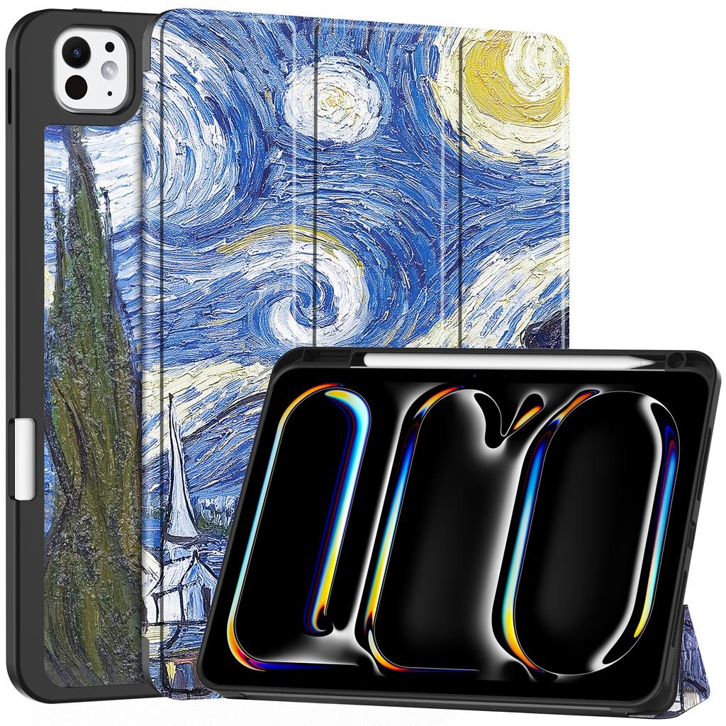 Dla iPada Pro 11 (2024) Etui z nadrukiem wzoru PU Skórzane Trójskładane Etui z podstawką i miejscem na długopis