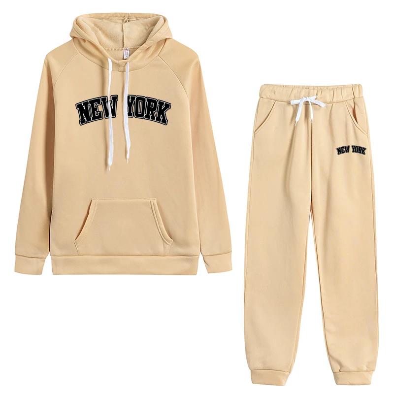 Nowy Jork Popularna Damska Moda Odzież Sportowa Jednolity Kolor Bluza z Kapturem i Spodnie Dresowe Wysokiej Jakości Domowy Zewnętrzny Codzienny Sportowy Garnitur do Biegania