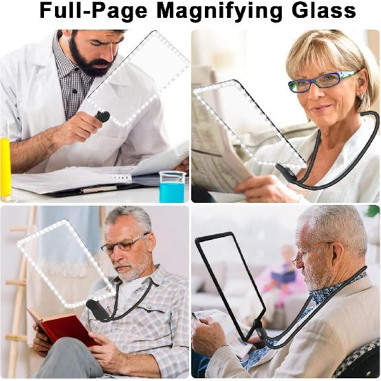 10X Large Reading Hands Free Magnifying Glass with Neck, Large Neck Wear Full Book Page Magnifier for Reading 50 LED Lights, Flexible Gooseneck