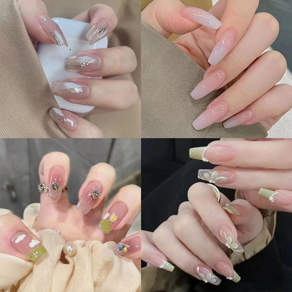 

Full Cover Manicure Tool Wearable Nail Tips French Fake Nails Flower Rhinestone Coffin False Nails