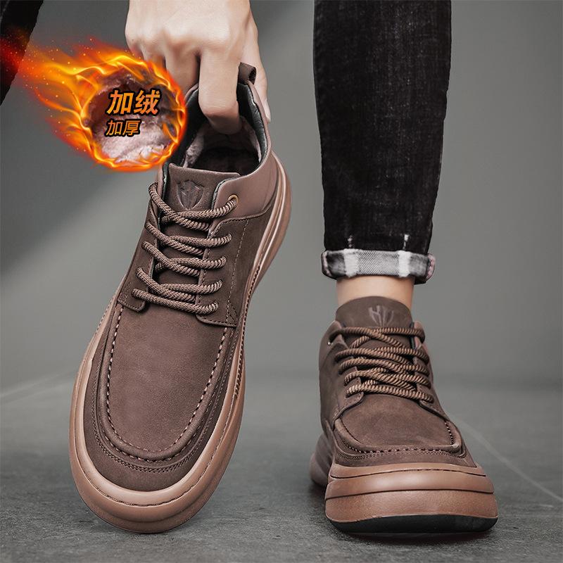 Winter high-top men's casual shoes leather surface velvet thickened warm cotton shoes outdoor trend sports platform shoes