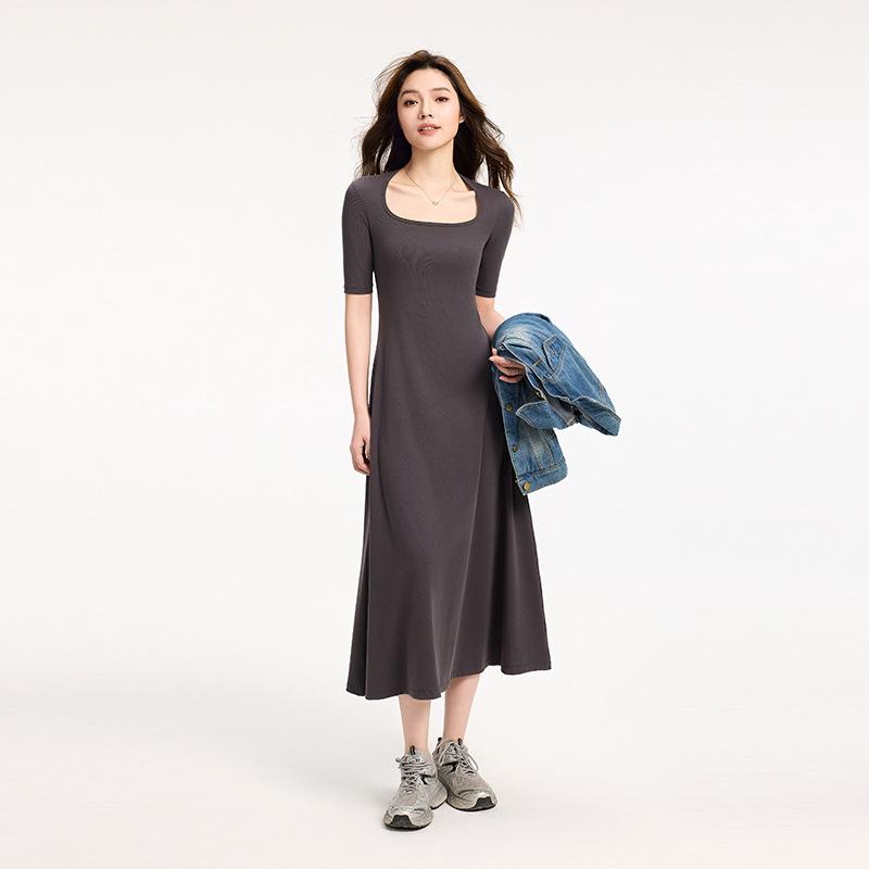 

Летнее платье большого размера Hepburn черного цвета с квадратным вырезом XL (120-135 jin) серый/древесный уголь