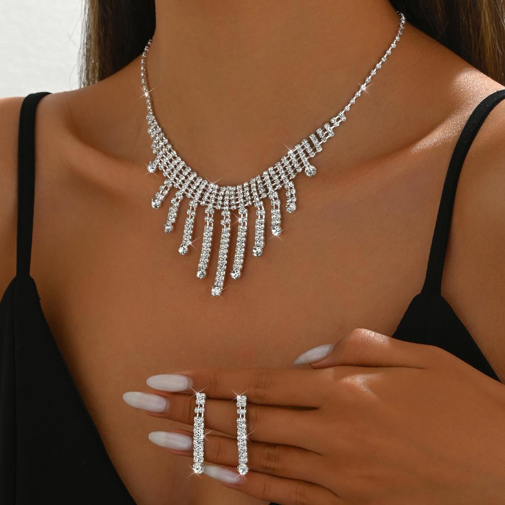 Brilliant Rhinestone Tassel Necklace Earrings Set Bridal Wedding Accessories