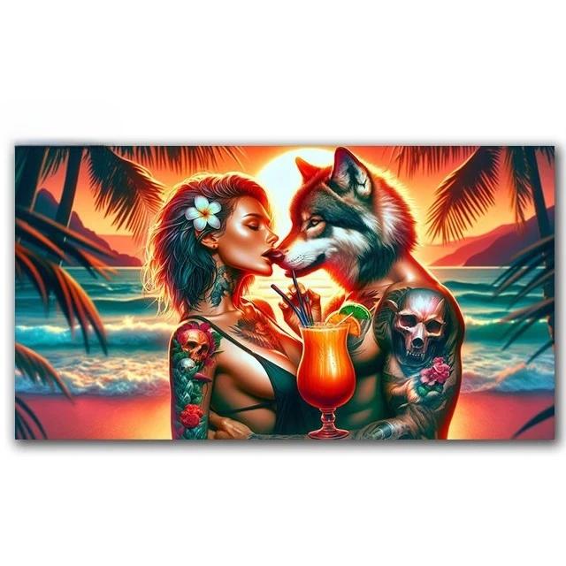 Romantic Couple And Wolf Diamond Painting New 2024 5D Large Diy Seaside Coconut Tree Landscape Full Diamond Mosaic Embroidery