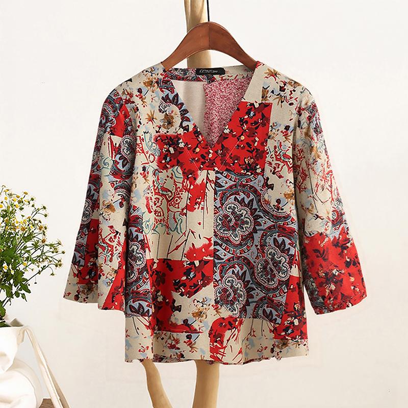 ZANZEA Blusa Casual de Mujer con Cuello en V Suelta Manga 3/4 Estampada
