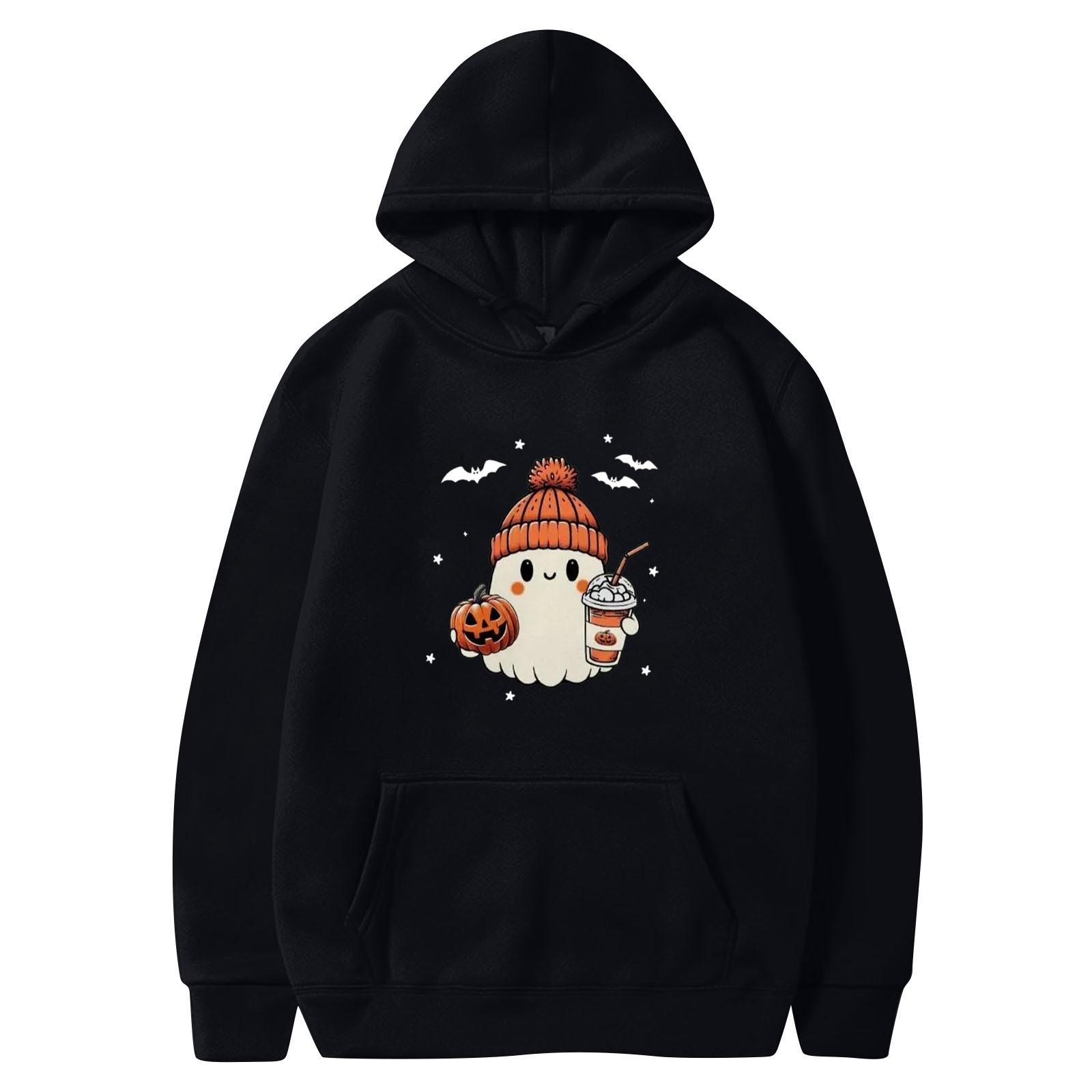

Женская однотонная толстовка с капюшоном с длинным рукавом и принтом на Хэллоуин XL чёрный