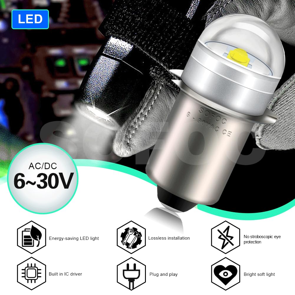 SOFOC P13.5S LED Torch Bulb 6-30V ACDC 6000K White Decorative Light DIY Indicator Lamp OutdoorBicycle Headlamp Maintenance Penlight (2pcs)