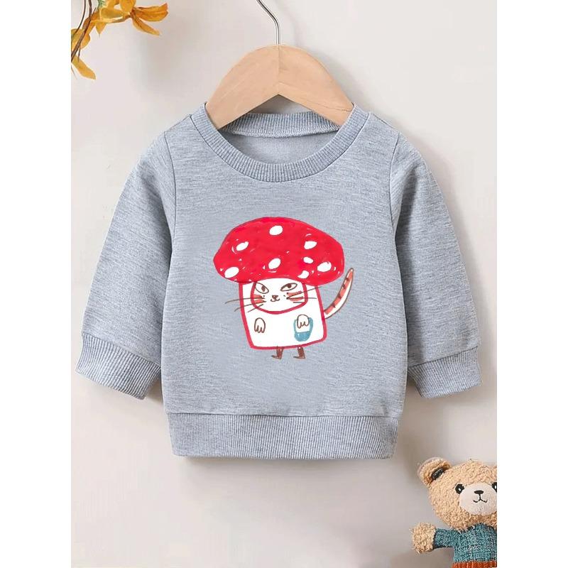 European sizes Adorable Red Mushroom Cat Print Sweatshirt for Kids, Designed , Featuring a Easy Round Neck And Comfortable Outdoor Wear for Ages 0-3