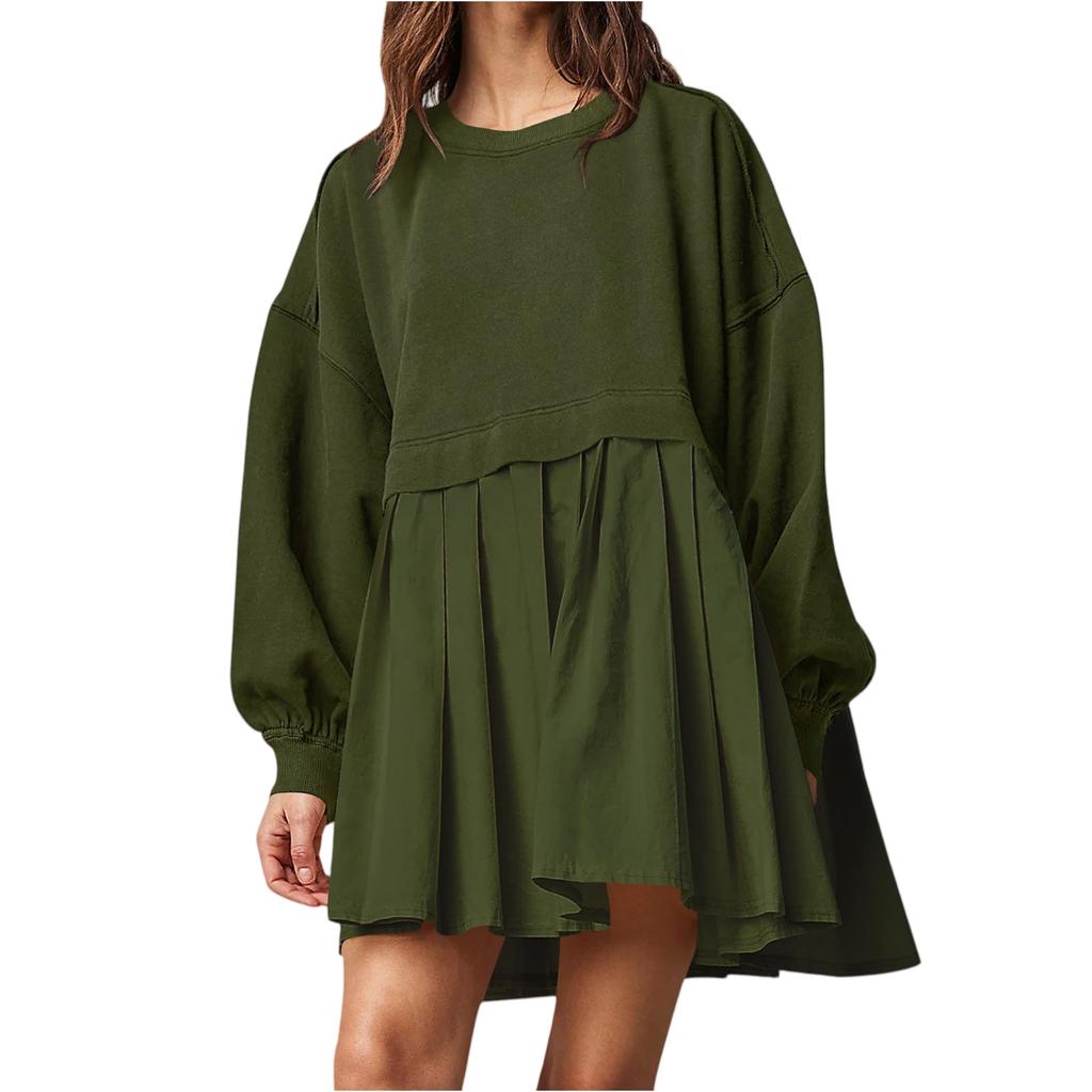 Women Loose Fit Pleated Hem Sweatshirt Dress Long Sleeve Pullover Two Piece Style Casual Tunic Dress for Daily Wear