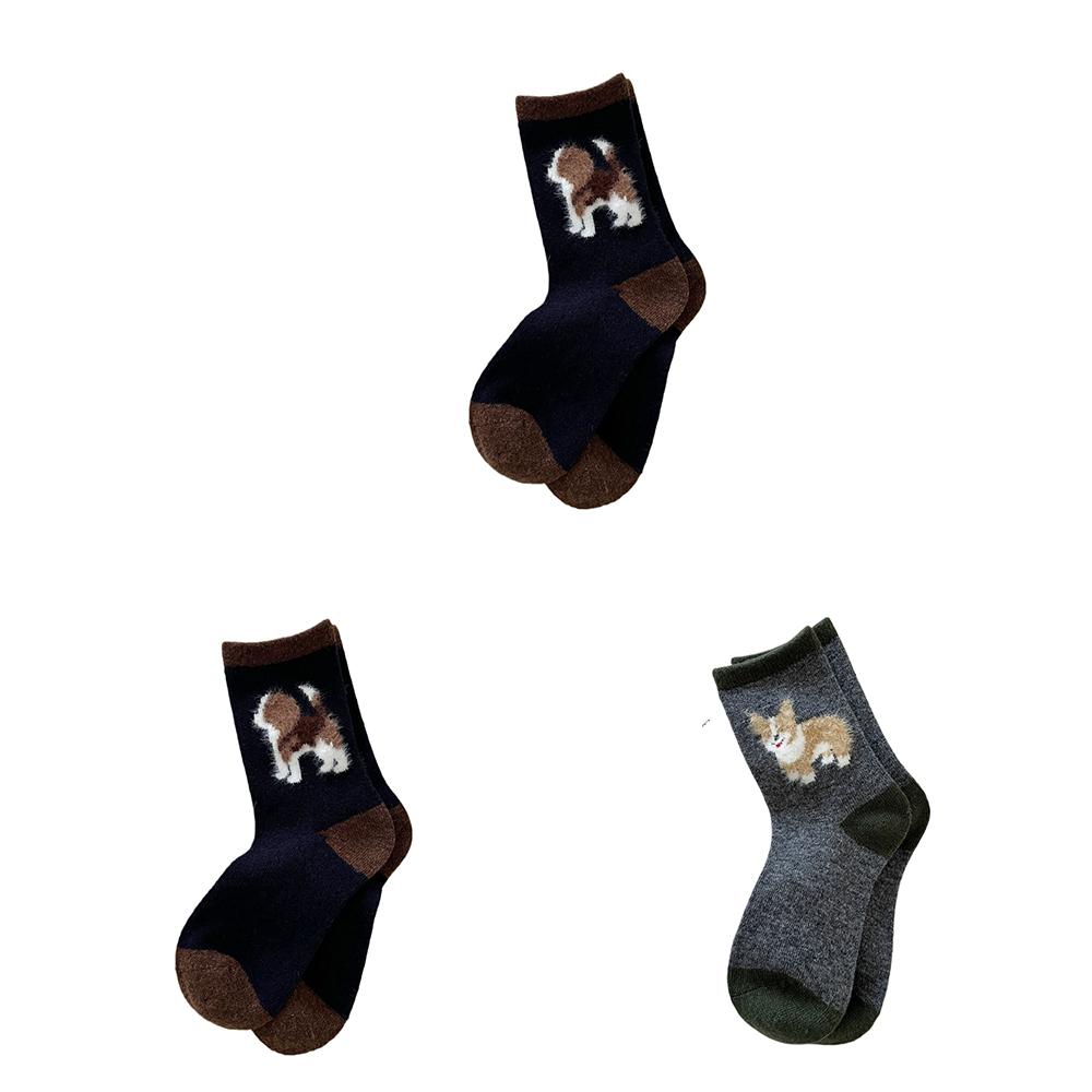 3 Par Söta Valp Fleece Strumpor Dam Höst och Vinter Tjocka Varma Mellanlånga Strumpor Parti
