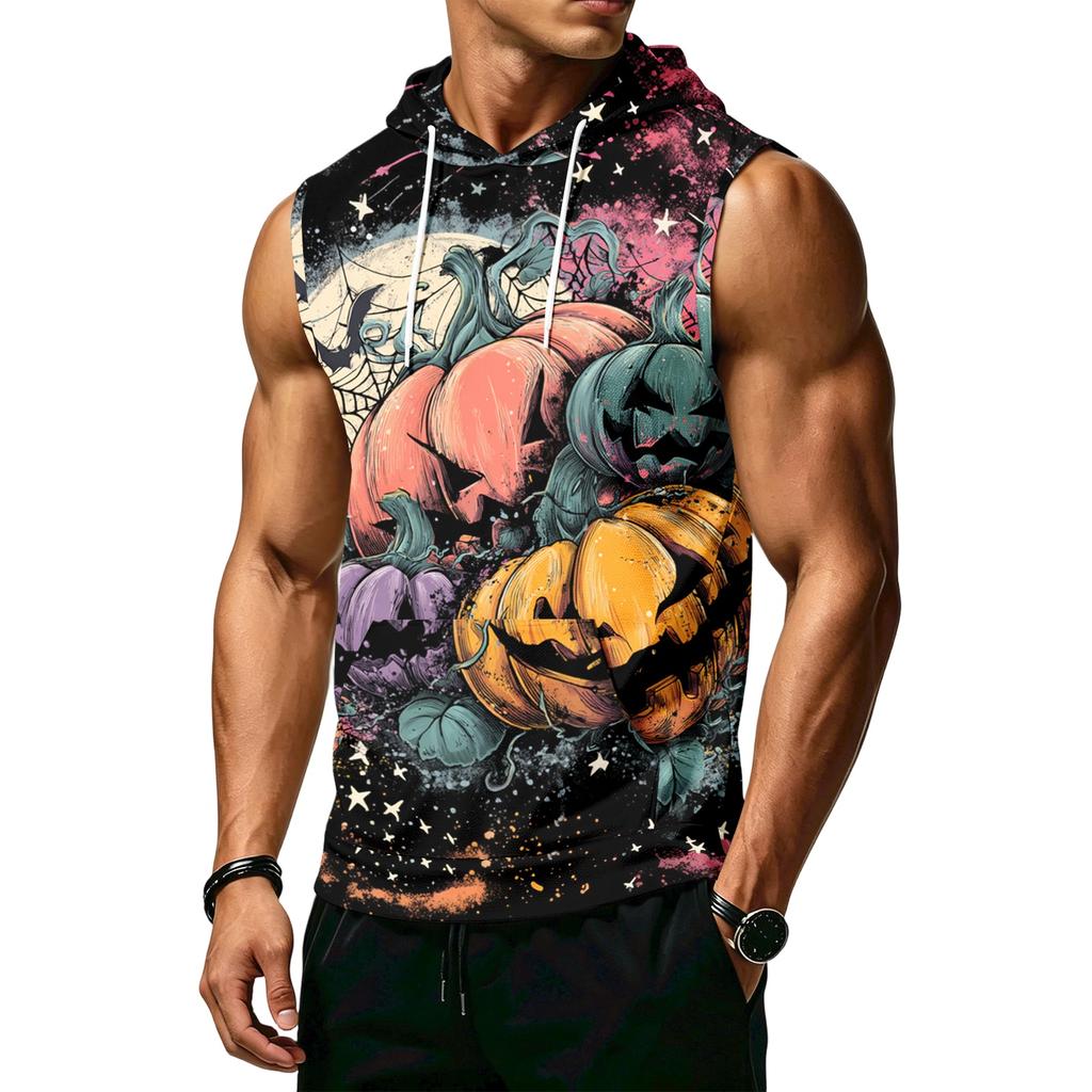 Men's Halloween Print Hooded Tank Top Casual Sleeveless Vest with Pockets Drawstring