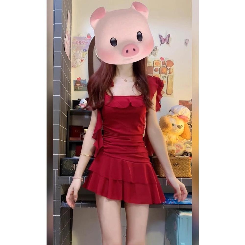 Summer new resort style ruffled slip dress fashion temperament versatile female hot girl streamer skirt