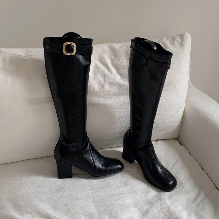 

Soft leather version~ Elegant retro British style belt buckle high boots fashion high sense small thick heel thin boots 35 чёрный