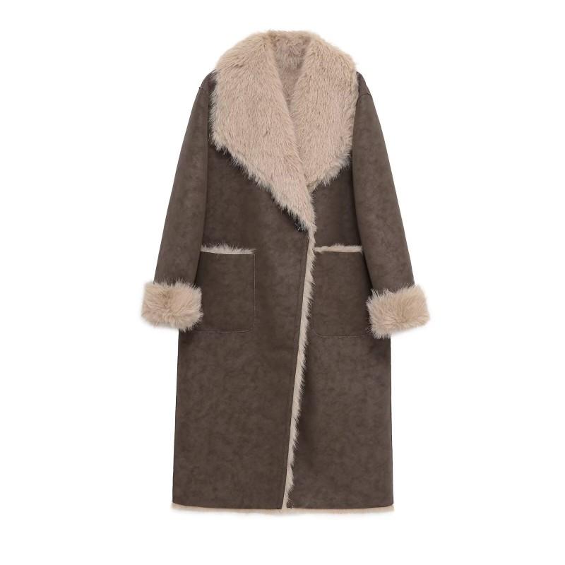 Womens Double-Sided Reversible Faux Fur Coat Winter Oversized Streetwear Long Trench Jacket
