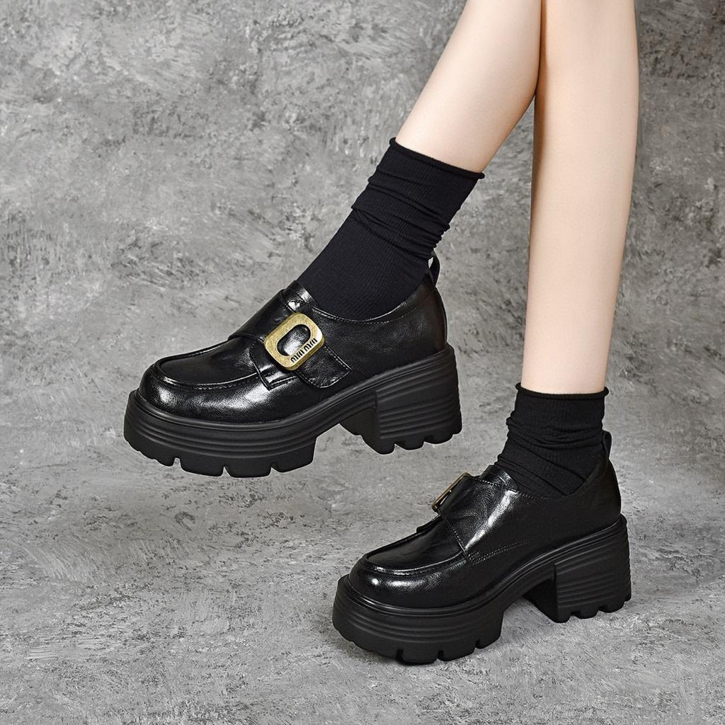 Platform shoes women's autumn and winter square buckle waterproof table muffin and one-pedal single shoes four-season shoes