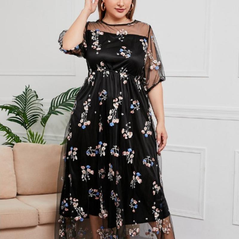 Floral Tulle Plus Size Dresses for Women Round Necked Lace Appliques Dress Summer Mesh Sheer Bling Floral Pleated Dress Commuter Fashion Dresses