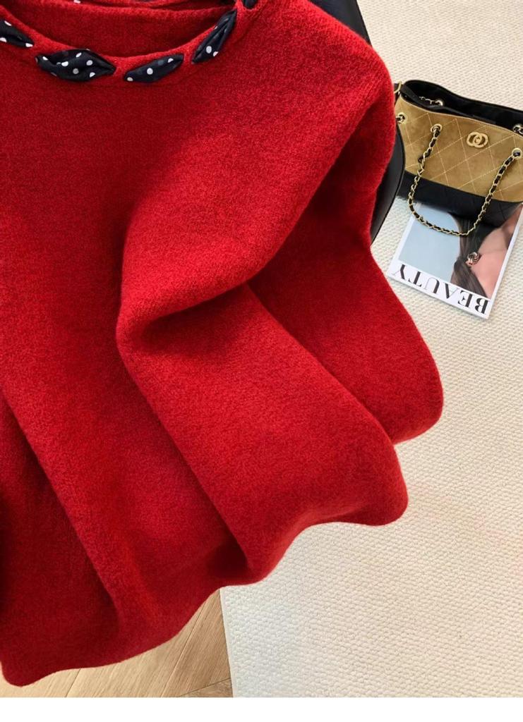 Elegant Lace-Up Bow Sweater for Women - Red, Soft Knit, Perfect for Autumn and Winter