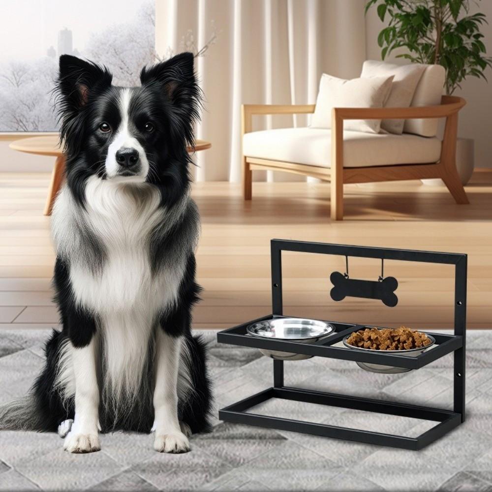 Iron Frame Elevated Dog Bowl Stainless Steel Bowls Adjustable Height Cat Bowl Stand Detachable Double Bowls