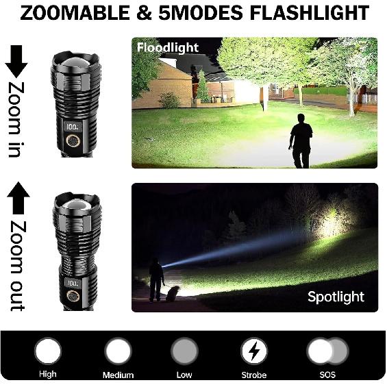 Flashlights High Lumens Rechargeable, LED Super Bright Flash Light Long Beam, Zoomable Linternas with LCD Digital Display, 5 Mode, Waterproof,