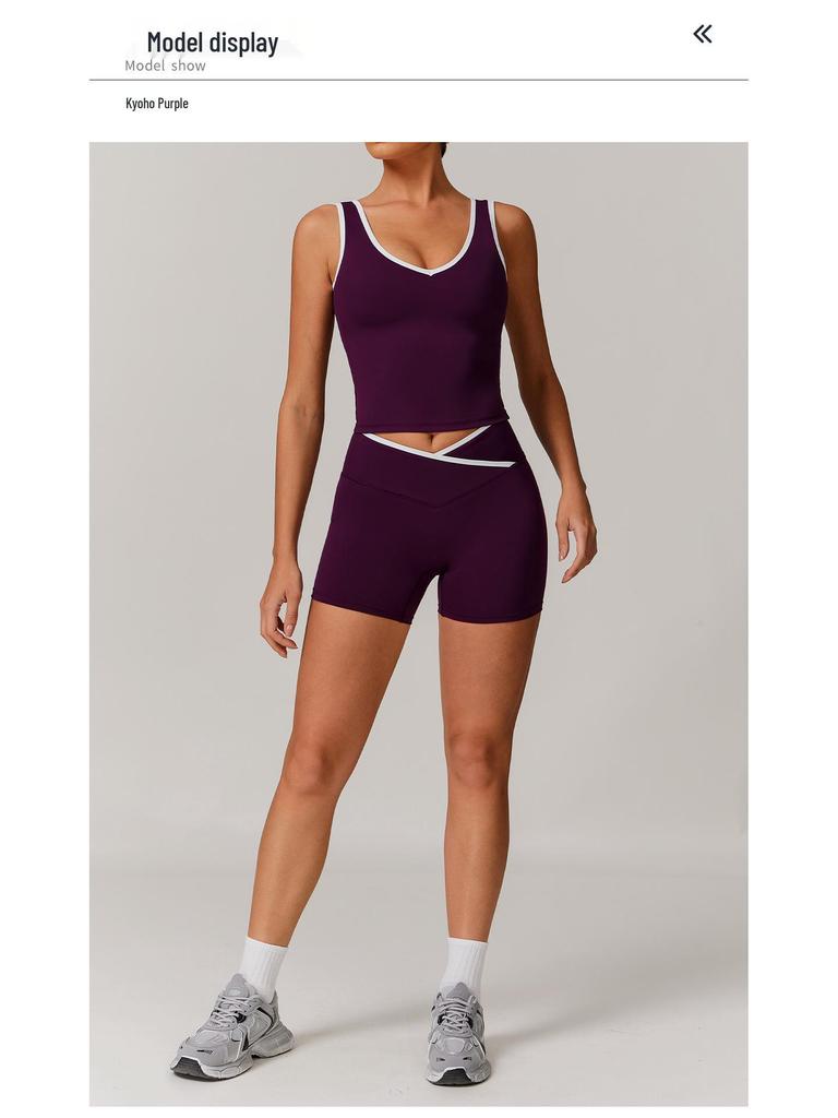 Women's Color Block High Waist Sports Set: Backless Vest Top & Running Shorts for Fitness and Yoga