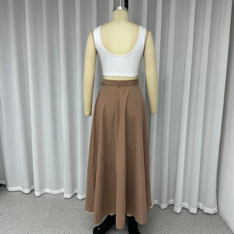 2 Piece Set Women Stylish Solid Round Neck Sleeveless High Waist Vest Slim Top Loose With Pockets Zipper Long Skirt Sets Spring Summer 2024 New