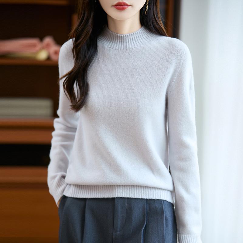 Women's 25% Pure Wool Seamless Half-High Collar Sweater - Autumn/Winter Warm Base Layer Knitwear