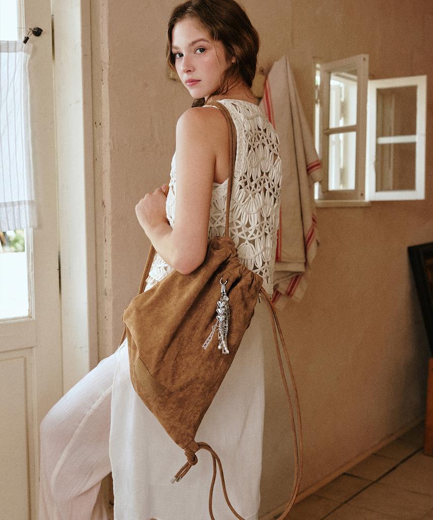 Leftseoul Synthetic Suede String Backpack [Brown]