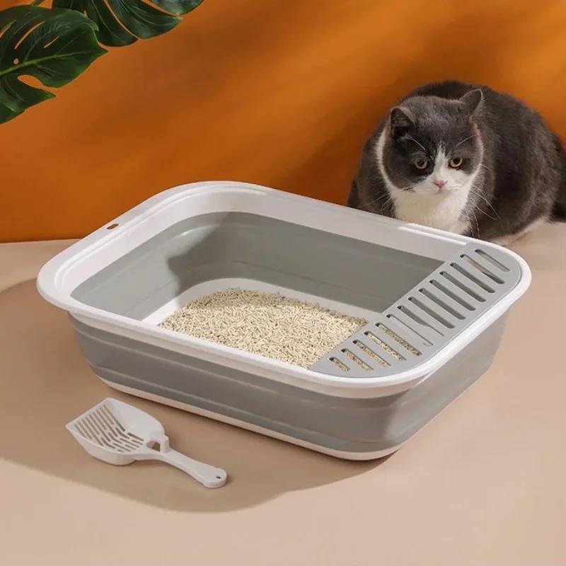 Portable Foldable Large Capacity Cat Litter Box - Semi-closed Anti-Splash Cat Tray Bedpan Practical Pet Cleaning Bath Basin