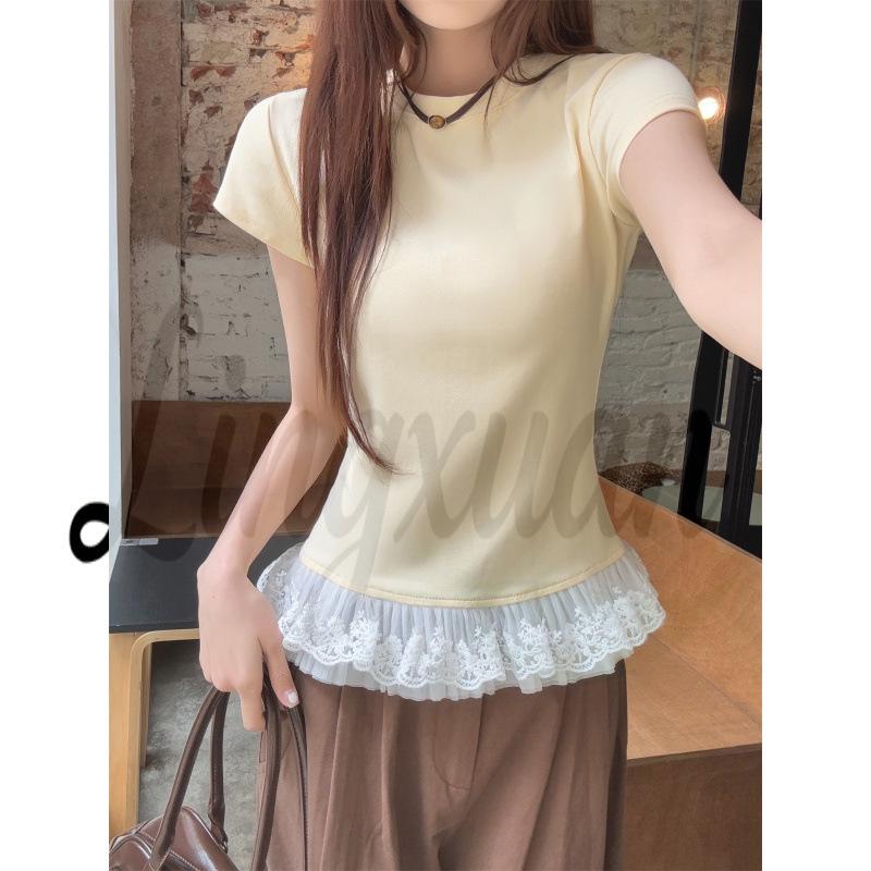 

Women s Sexy Lace Patchwork Round Neck Short Sleeve T-shirt - Summer 2025 Extra Large жовтий