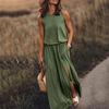 Women Beach Dress Round Neck Sleeveless Elastic High Waist Maxi Dress with Pockets Solid Color Split Hem Long Dress