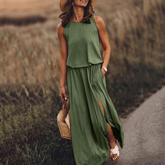Women Beach Dress Round Neck Sleeveless Elastic High Waist Maxi Dress with Pockets Solid Color Split Hem Long Dress
