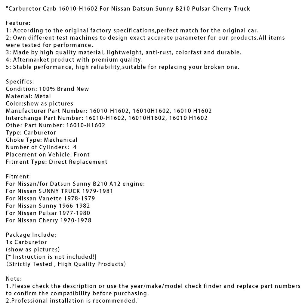 Carburetor Carb 16010-H1602 For Nissan Datsun Sunny B210 Pulsar Cherry Truck