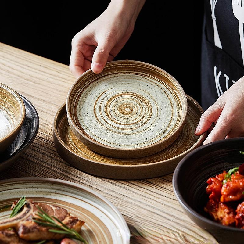 Japanese Ceramic Dishes Creative Retro Coarse Pottery Eating Bowl Dish Hand-made Plate Household Fish Plate Steak Plate