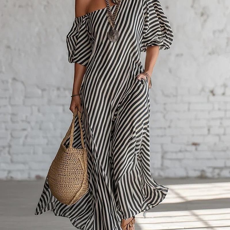 Women's Striped One Shoulder Maxi Dress Three Quarter Sleeve Loose Fit Vacation Dress