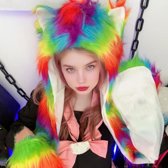 Women Hat Rainbow Color Imitation Fur 3 in 1 Hat Scarf Gloves Winter Warm Hat Home Outdoor Work Street Wear