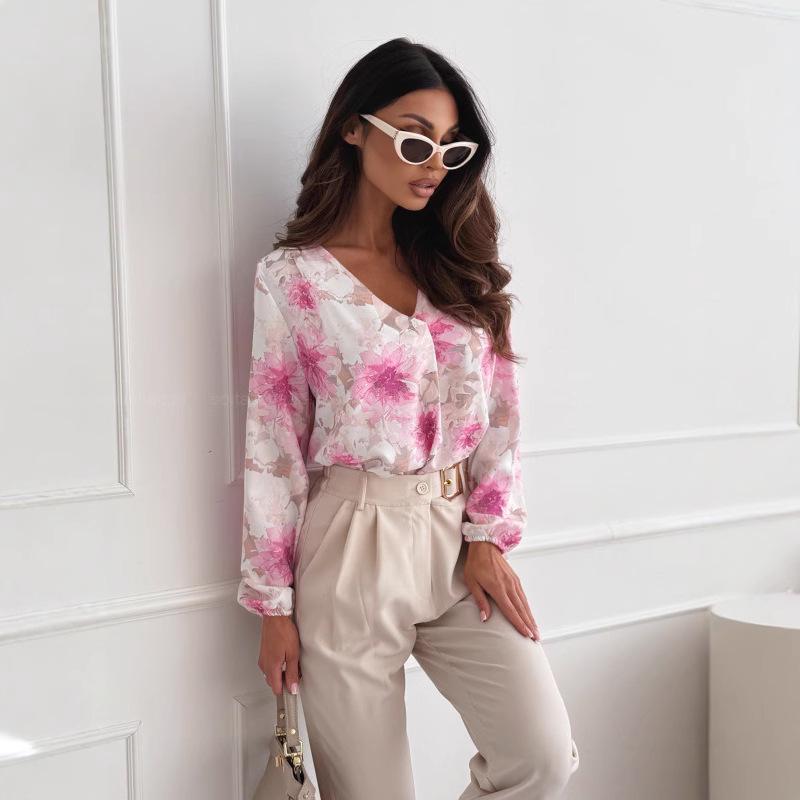 

Элегантная женская рубашка с V-образным вырезом, длинными рукавами и принтом XL красный