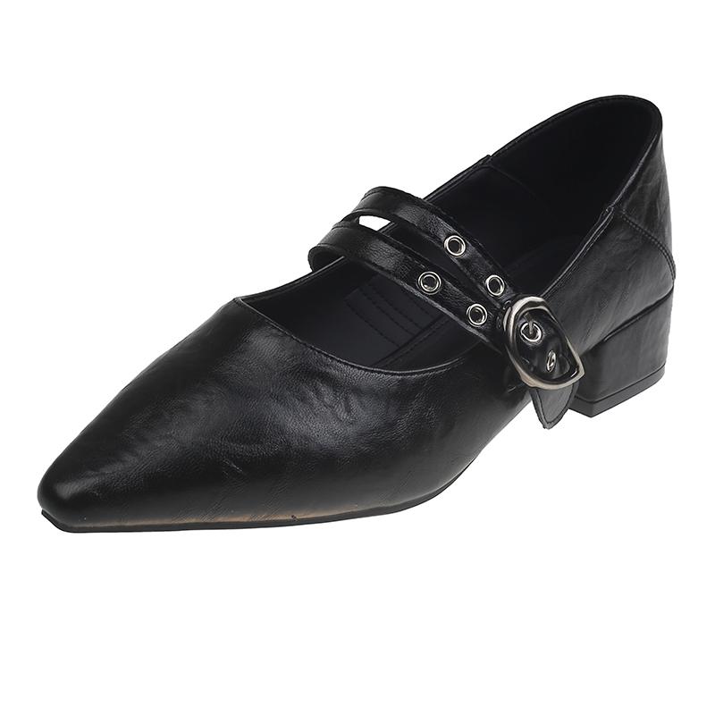 

Fashion Women s Coarse Heel Shoes Spring New Pointed Head Shallow Mouth Rivets Metal Buckle Soft Sole Non-slip Low Top Shoes 35