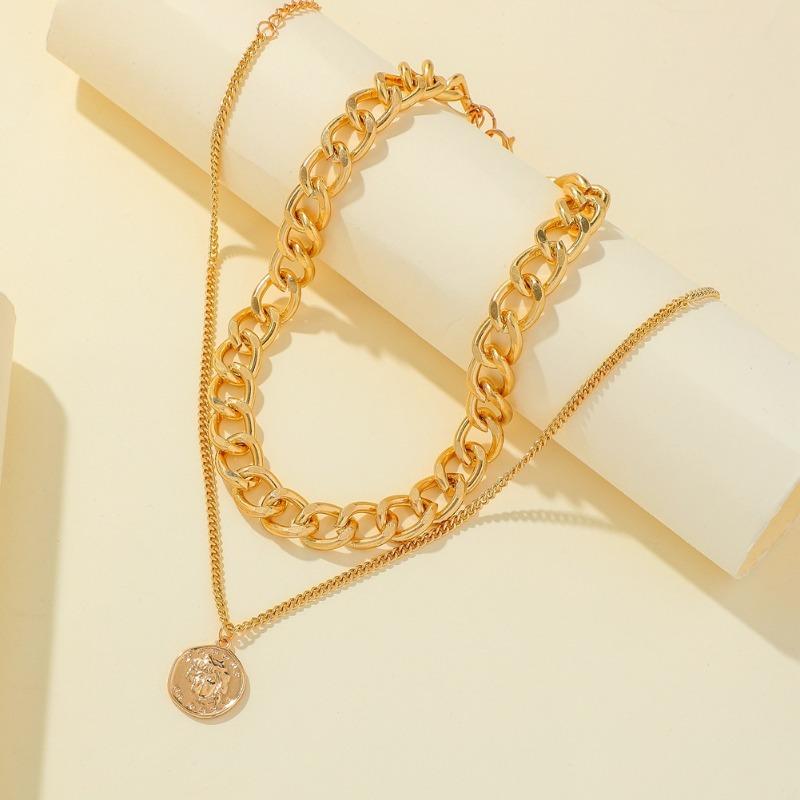 Punk style hip hop double layer thick chain choker necklace fashionretro coin pendant necklace