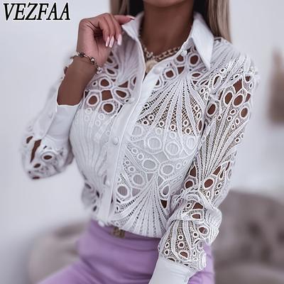 Damenmode Casual Frühling Herbst Spitze Einfarbig Druck Langarm POLO-Ausschnitt Blusen & Hemden