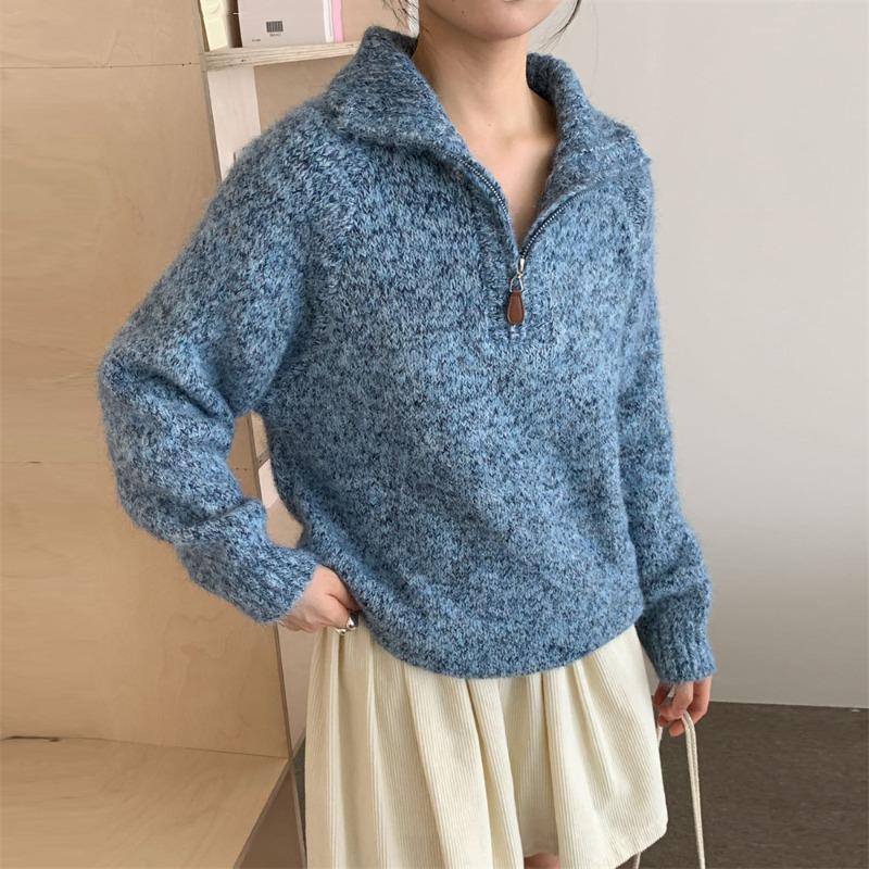 Flower Yarn Half Zipper Pullover Knitted Sweater Outer Wear Autumn and Winter New Loose Versatile Sweater Women's Top Thick